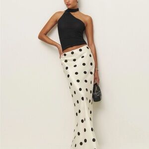 Reformation polka dot satin skirt
